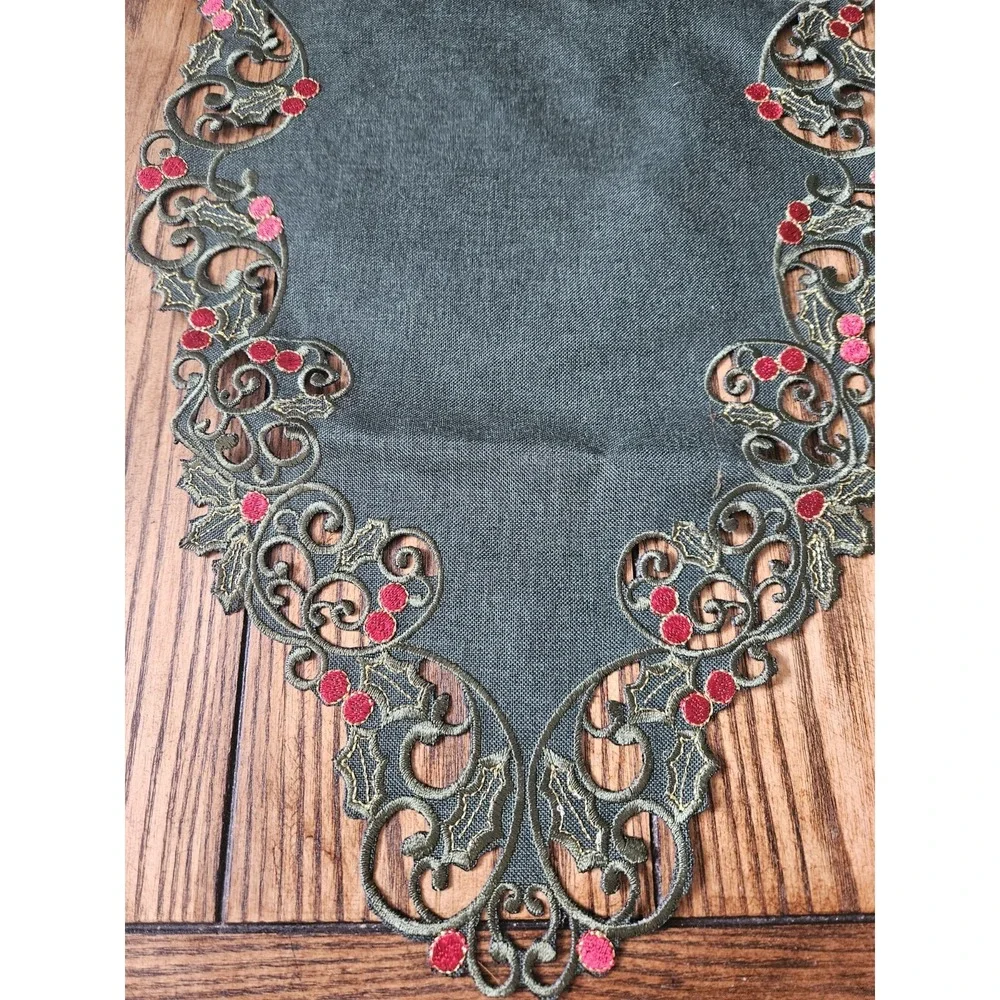 Christmas Holly Green Embroidered Cutout Table Runner 36 Inch Holiday Decor